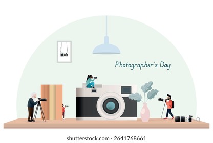 Miniature photographers using professional equipment are taking pictures around a giant vintage camera celebrating photographer's day, a concept illustration for photography, hobby, and passion
