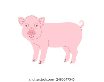 Miniature pig doodle hand drawn character. Cute smiling piglet pet animal in linear cartoon style. Editable stroke illustration