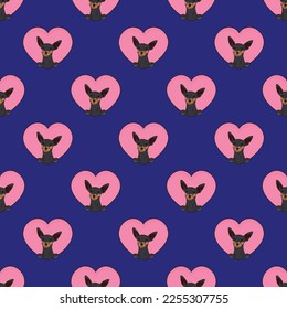 Miniature Pinscher dog with paws pattern, Valentine's day heart wallpaper. Love heart with pet head holiday texture. Dog face Holding Heart Cartoon square background. St Valentine's day present paper.