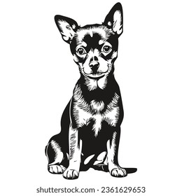 Miniature Pinscher dog realistic pencil drawing in vector, line art illustration of dog face black and white realistic breed pet