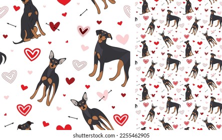 Miniature Pinscher dog Valentine's day heart wallpaper. Love doodles hearts with pets holiday texture. square background, repeatable pattern. St Valentine's day wallpaper, valentine present, print.