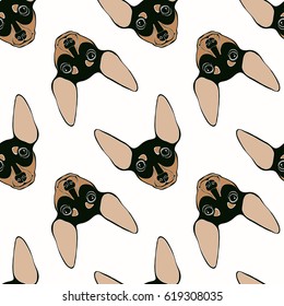 Miniature Pinscher. Seamless pattern with cute dog faces on a white background.