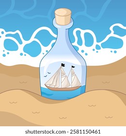 Miniature pirate ship inside glass bottle buried in sand on sea beach in cartoon style.