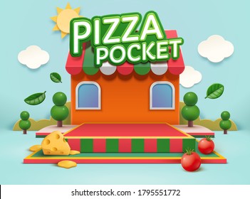 Miniature pizza restaurant with podium platform, for food product display use, 3d illustration