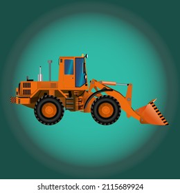Icono plano en miniatura y realista de un cargador grande con un cubo. Ilustración vectorial. Maquinaria de construcción, equipo.