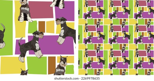 Miniature Schnauzer dog summer bright wallpaper. Holiday abstract shapes square seamless background, repeatable pattern. Birthday wallpaper, Christmas present, print tiles. Simple puzzle with dogs.