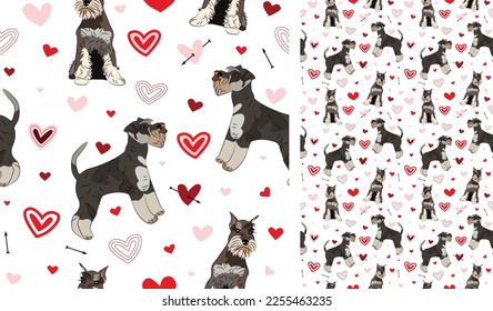 Miniature Schnauzer dog Valentine's day heart wallpaper. Love doodles hearts with pets holiday texture. square background, repeatable pattern. St Valentine's day wallpaper, valentine present, print.