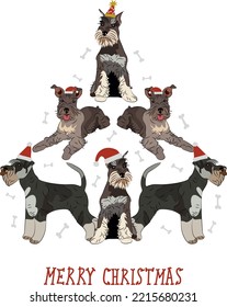 Perros Schnauzer en miniatura con sombreros de invierno. Perros graciosos. Diseño de caracteres. Resumen de árbol de Navidad. Ilustración vectorial. Feliz tarjeta de felicitación navideña con el lindo y divertido afiche de la festividad del perro.