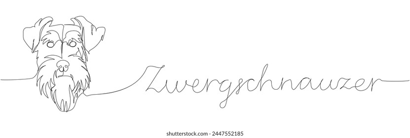 Miniature Schnauzer, Zwergschnauzer, companion dog, service dog one line art. Continuous line drawing of doggy, friendship, care, pet, animal, family, canine with inscription, lettering, handwritten.