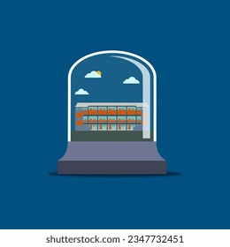 
miniature school in a glass bottle with a blue background