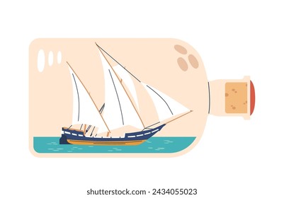 Miniature Ship or Yacht Within Bottle Represent Detailed, Tiny Vector Replica, Displaying Exceptional Skill