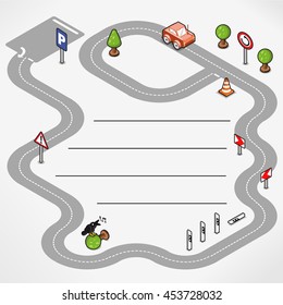 Miniature street with car driving on its way to a parking lot, middle left blank with lines for your text (isometric illustration)