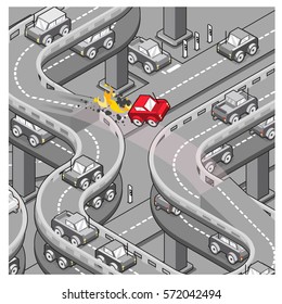 Miniature Stunt Car Jumping On Overpass Freeway (cartoon, Isometric Style)