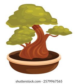 Miniature tree with a thick curved trunk growing in a ceramic pot
