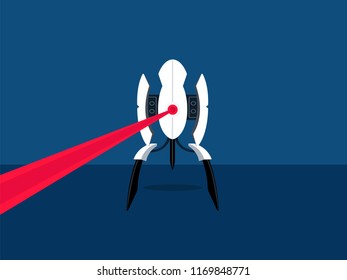 Miniature tripod robots with central part of the chassis holds their red eye. Laser shooting. Vector flat illustration. 