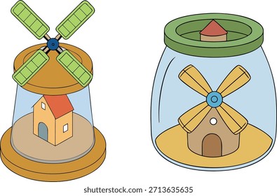 A miniature windmill farm enclosed in a transparent glass jar, featuring tiny turbines and lush greenery, concept of sustainable energy, eco-friendly design, and creative miniature landscape.