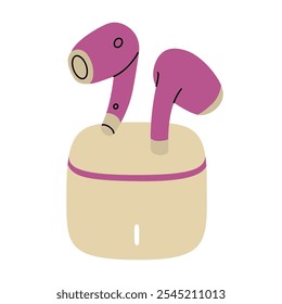 Auriculares inalámbricos en miniatura con estuche de carga. Escucha personal de música y podcasts. Sonido de alta calidad. Ilustración vectorial aislada sobre un fondo transparente.