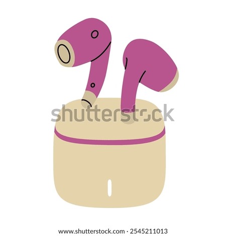 Miniature wireless headphones with a charging case. Personal listening to music and podcasts. High-quality sound. Vector illustration isolated on a transparent background.