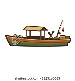 Miniature wooden boat model with a small house and flag on its deck
