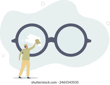 miniature worker cleaning huge eyeglass lenses for owner to get clear vision.flat vector illustration.