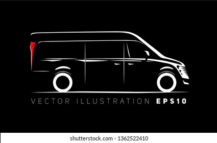 minibus, bus simple side view schematic image on black background	