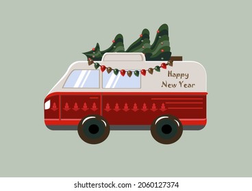 Minibus car with a Christmas tree with toys balls and a Christmas garland. Vector illustration postcard.