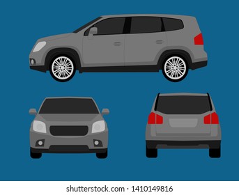 Minibus car flat vector illustration, Front, back, and side view, Multi purpose vehicle.