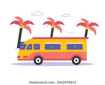 Minibus, der auf einer Straße mit Blick auf Kokospalmen fährt, Fahrt zum Strand. Zeichendesign. Flache Vektorgrafik