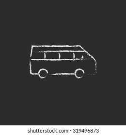 Minibus hand drawn in chalk on a blackboard vector white icon isolated on a black background.