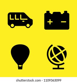 minibus, hot air balloon, earth globe and battery vector icon set. Sample icons set for web and graphic design