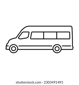 Minibus-Symbol. Schwarze Kontur lineare Silhouette. Seitenansicht. Bearbeitbare Striche. Vektorgrafik, einfache flache Grafik. Einziger Gegenstand auf weißem Hintergrund. Isolieren.