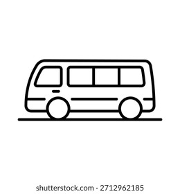 Icono de minibús. Silueta lineal de contorno negro. Trazos editables. Vista lateral. Vector simple ilustración gráfica plana. Objeto aislado sobre un fondo blanco.