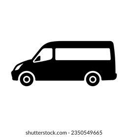 Minibus-Symbol. Mikrobus. Schwarze Silhouette. Seitenansicht. Vektorgrafik, einfache flache Grafik. Einziger Gegenstand auf weißem Hintergrund. Isolieren.