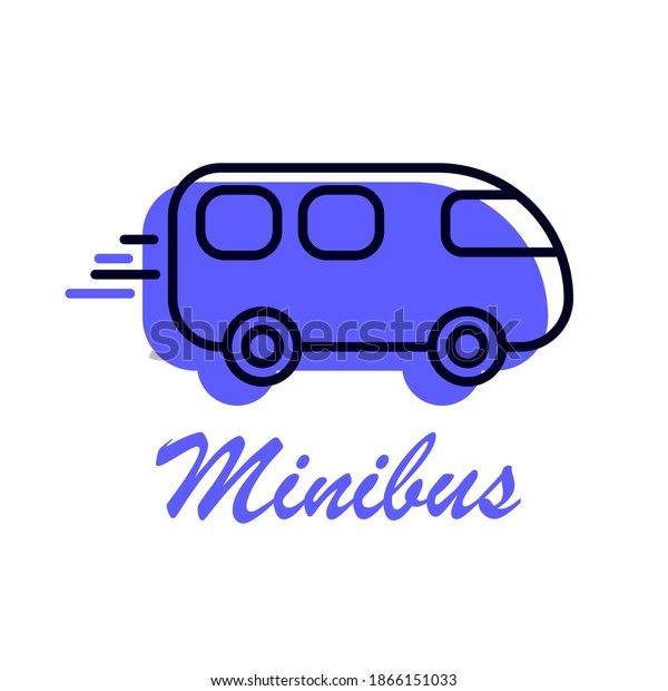 Minibus icon. Public, passenger transport vector\
line logo with blue bright colorful fill and lettering title.\
Concept of delivery, transport rental. Flat stock sign isolated on\
white background. Eps.