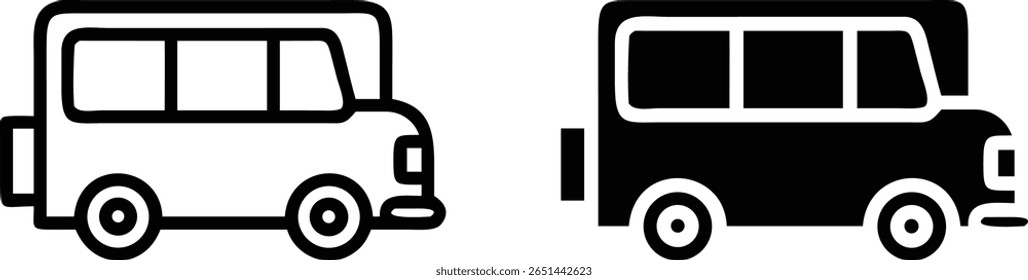 Minibus Icon Set, Black and White Vector, Shuttle Van Silhouette Outline Illustration