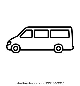 Minibus icon. Small passenger bus. Minivan. Black contour linear silhouette. Side view. Editable strokes. Vector simple flat graphic illustration. Isolated object on a white background. Isolate.