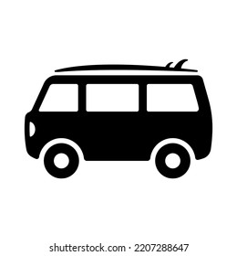 Minibus-Symbol. Surfcamper. Schwarze Silhouette. Seitenansicht. Vektorgrafik, einfache flache Grafik. Einziger Gegenstand auf weißem Hintergrund. Isolieren.