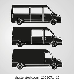 Minibus icons. Flat monochrome silhouette illustration. Side view. 3 minibuses with different numbers of doors, for freight and passenger transportation. Vector illustration on a light background.