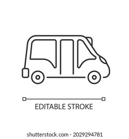 Icono lineal minibus. Pequeño autobús para el transporte de pasajeros. Vehículo de motor. Servicio de viajes. Ilustración personalizable de línea delgada. Símbolo de contorno. Dibujo de contorno aislado del vector. Trazo editable