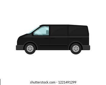 Mini-bus for passengers. Black van. Transport for airport customers. Service car. Automobile theme. Flat vector design