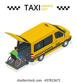 Minibus for physically disabled people. Taxi or car for man on wheelchair. Vehicle with a lift. Flat 3d vector isometric illustration.  Taxi service 24h concept. 