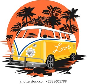 Minibus retro famous luxury car brand on the background of the sunset and the silhouettes of palm trees exotic nature Vector