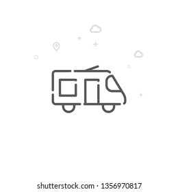 Minibus, Shuttle Taxi Vector Line Icon. City Urban Transport Symbol, Pictogram, Sign. Light Abstract Geometric Background. Editable Stroke. Adjust Line Weight. Design with Pixel Perfection.