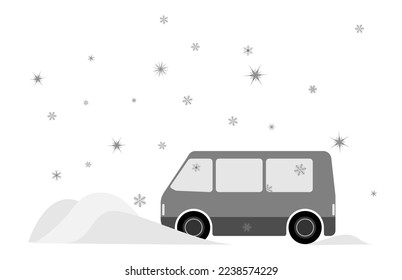 Ein Minibus steckte in einem Schneefall fest. Winterfahren. Reinigung von schneebedeckten Geräten.