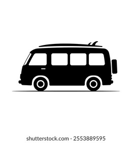 Minibus and surfboard icon. Black silhouette. Side view. Vector simple flat graphic illustration. Isolated object on white background. Isolate.