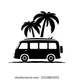 Minibus, surfboard and palm trees icon. Camper, minivan. Black silhouette. Front side view. Vector simple flat graphic illustration. Isolated object on white background. Isolate.