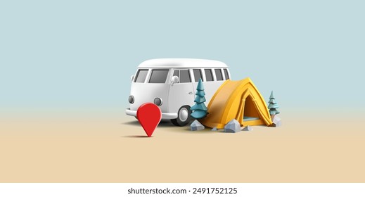 Minibus, tent, nature, navigation icon, 3D. For the concepts of car travel and outdoor recreation in the mountains near lakes and the sea. Camping. Vector