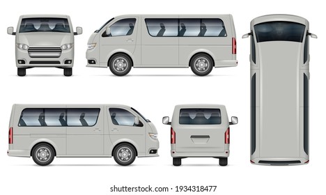 Minibus vector mockup. Isolated template of minivan on white for vehicle branding, corporate identity. View from side, front, back, top. All elements in the groups on separate layers for easy editing