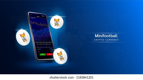 Minifootball coin and Phone. App for trading crypto currency on the touch screen smartphone. Data analytics stock market. Mobile banking cryptocurrency. Vector 3d. 