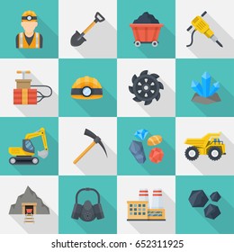 Conjunto de iconos de la industria minera, infografías o folletos en cuadrados, extracción de carbón, mineral y metales preciosos. Dibujo de dibujos animados de estilo plano vectorial